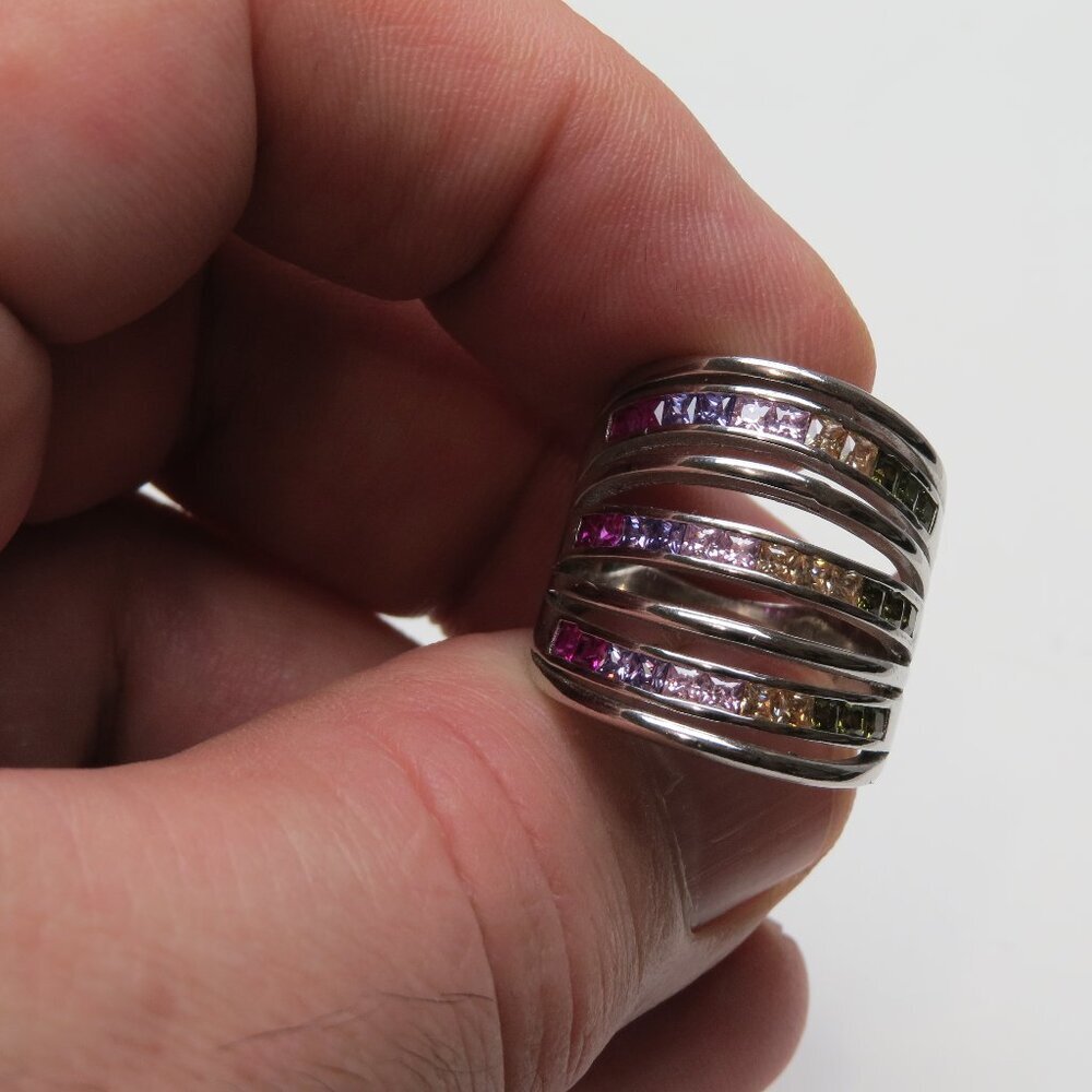 *925 Sterling Silver Diamond Pink Sapphire Amethyst Ruby Ring